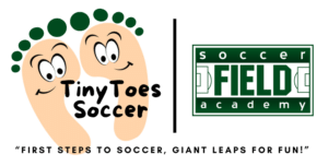 Tiny Toes Soccer logo with cartoon footprints and the Soccer Field Academy emblem. indoor toddler soccer training Columbus