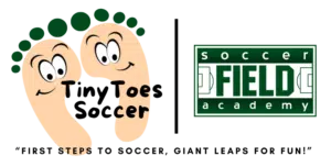 Tiny Toes Soccer | Soccer Field Academy Tiny Toes Soccer logo with cartoon footprints and the Soccer Field Academy emblem. indoor toddler soccer training Columbus