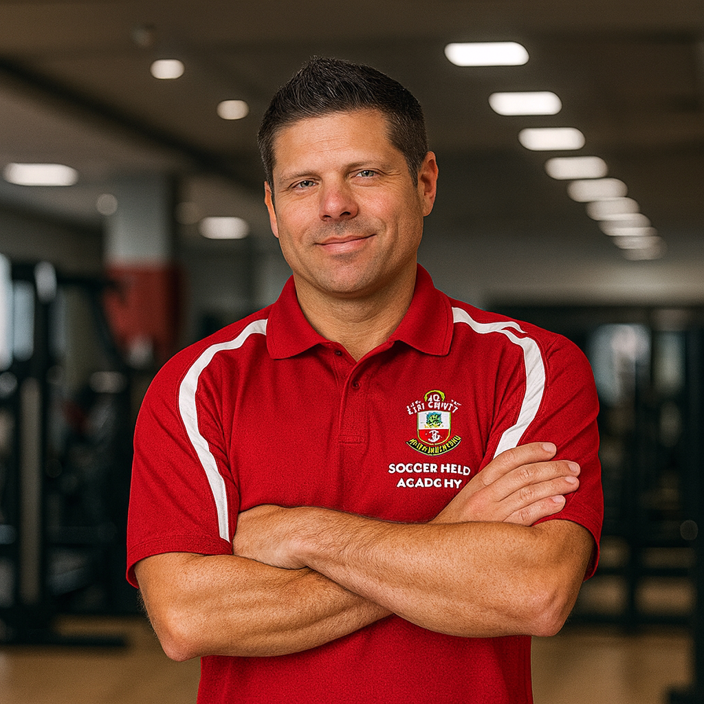Corey - Professional Athletic Training Coach | Soccer Field Academy Columbus Ohio Corey, professional athletic training specialist at Soccer Field Academy wearing red polo uniform with Southampton FC crest, standing confidently with arms crossed in indoor training facility