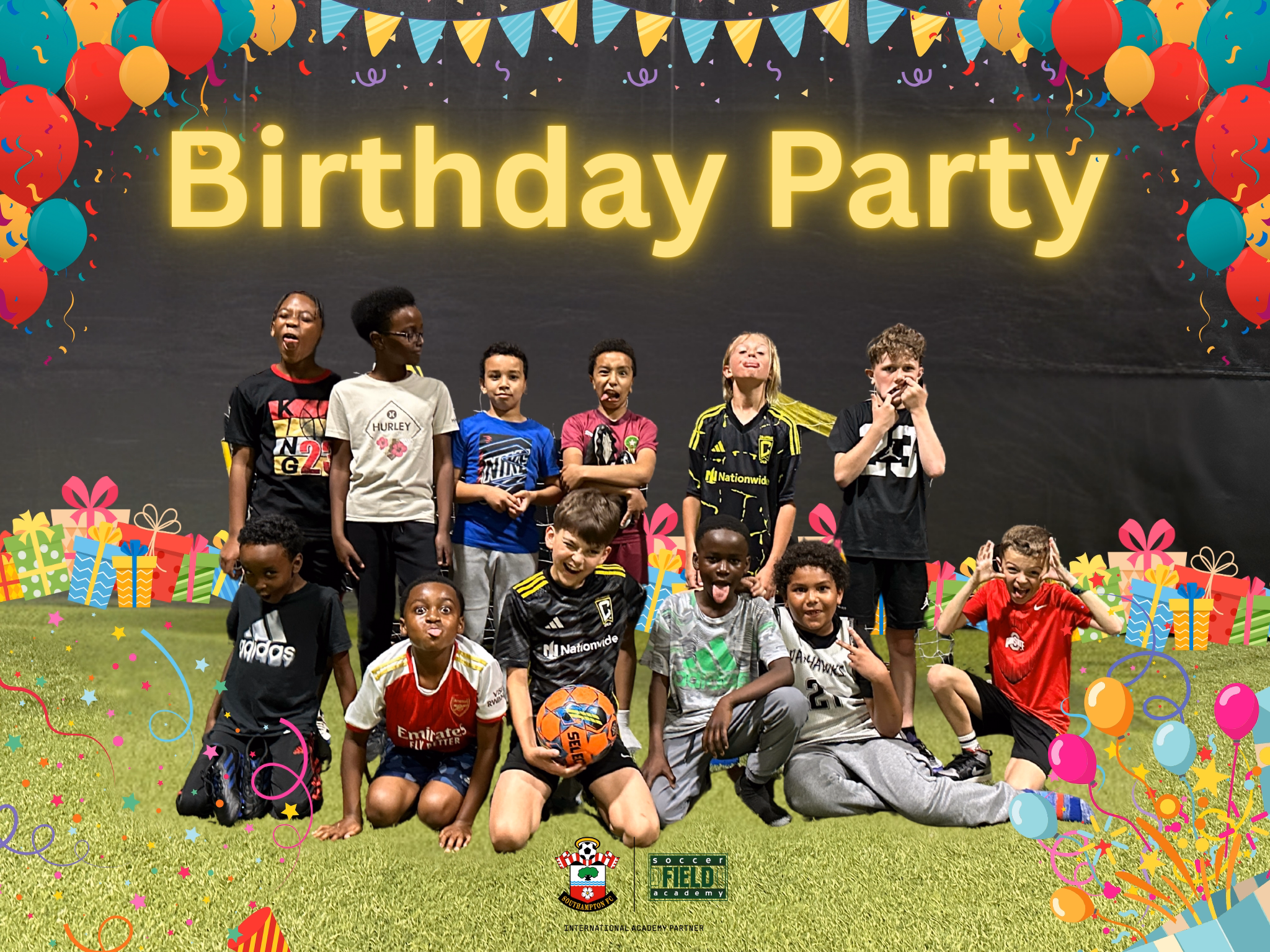 Kids playing soccer at an SFA birthday party in Columbus, Ohio — small-group coaching and SoccerBot360 training technology