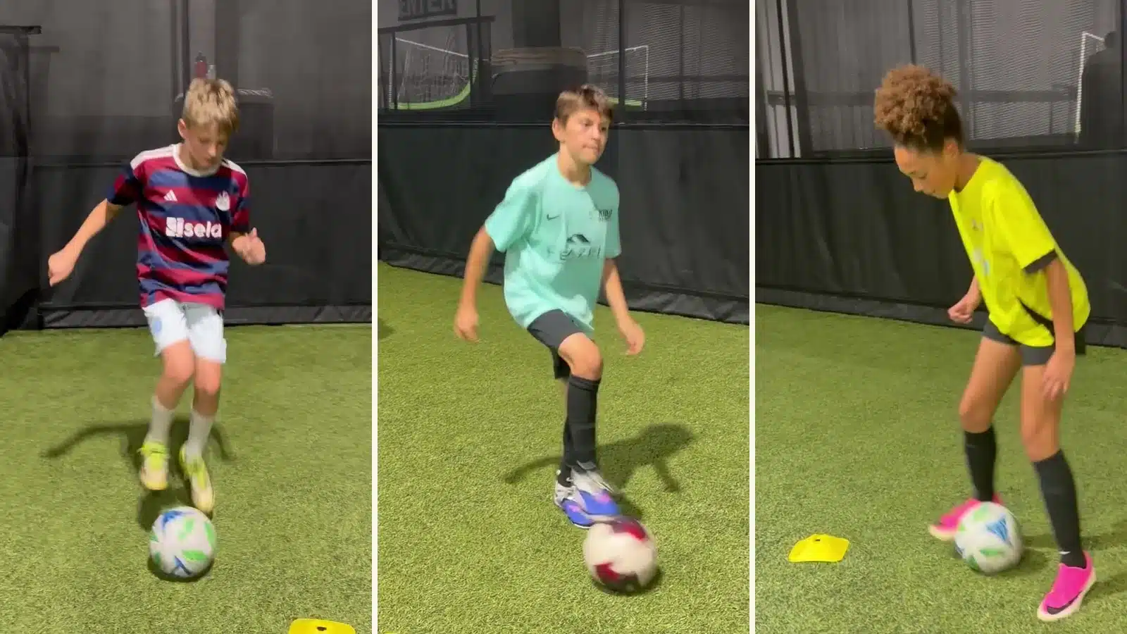 Three young players working on close control during small-group training at Soccer Field Academy's indoor center in Columbus, Ohio